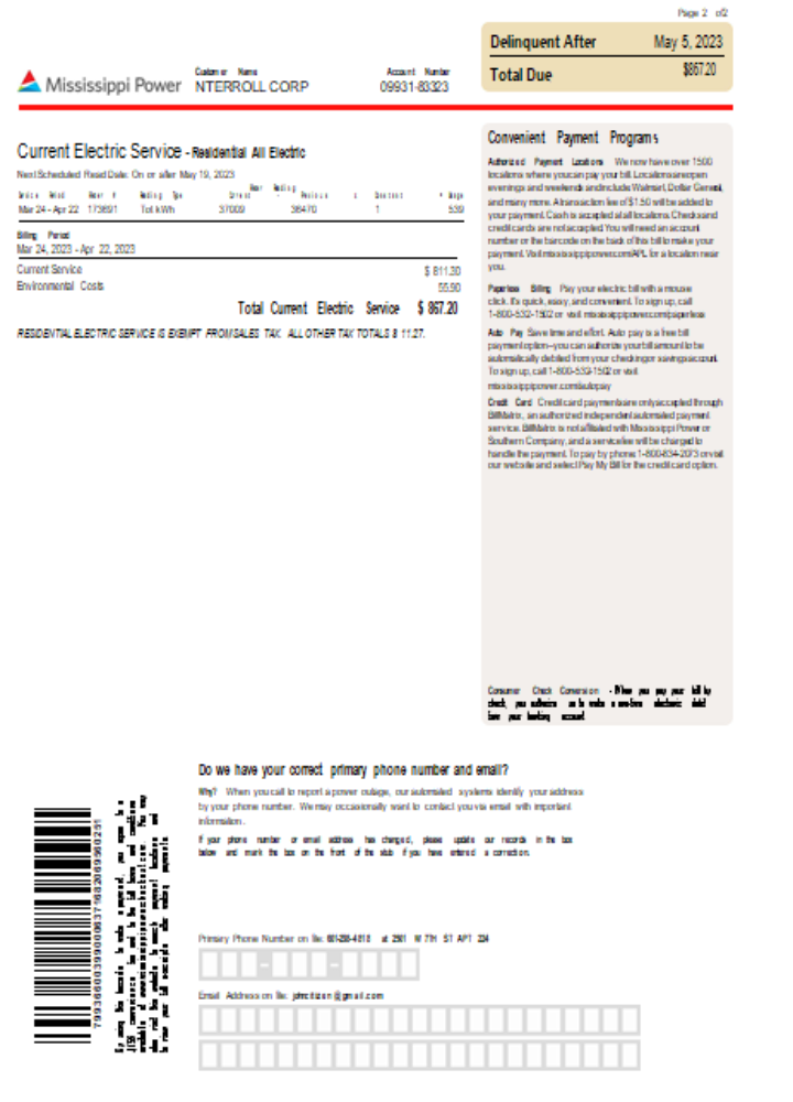 Download Mississippi Power utility business bill,  page 2, SCR Photoshop template